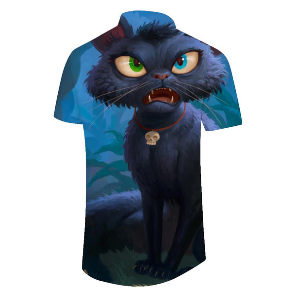
Cartoon cool fun funny big eyes cat print pattern men's casual loose button down lapel short sleeve shirt regular style
                
