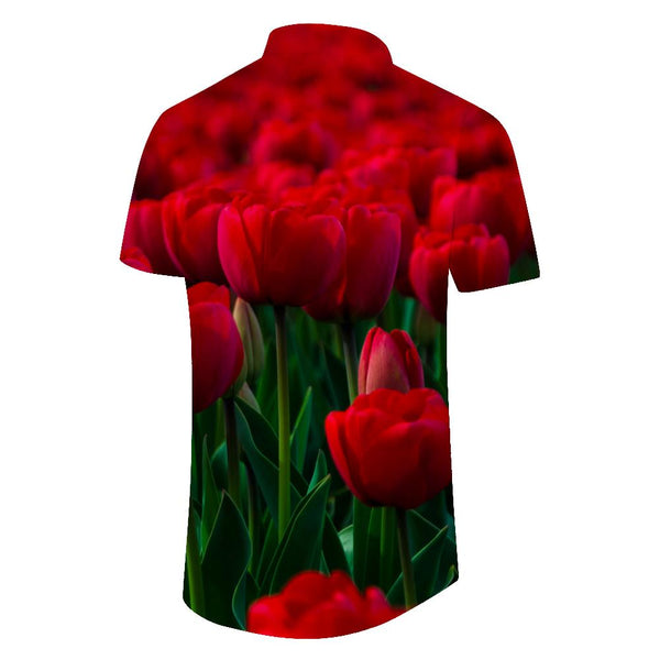 
Red tulip flower print pattern tropical fashion Hawaiian men's button down lapel short sleeve button casual summer beach shirt
                