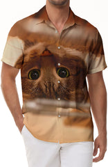 Cat Print Men's Short Sleeve Hawaiian Shirt Casual Button-Up Vacation Beach Party Shirt with Funky Animal Print
