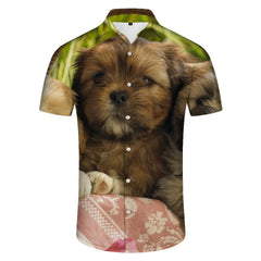 Brown Shih Tzu Puppy Mens Casual Loose Tropical Vacation Beach Button Lapel Hawaiian Short Sleeve Shirt