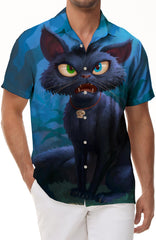 Cartoon cool fun funny big eyes cat print pattern men's casual loose button down lapel short sleeve shirt regular style