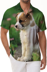 Men's Casual Animal Print Pattern Hawaiian Shirt Realistic Cute Puppy Tropical Button-Up Beach Shirt Short Sleeve