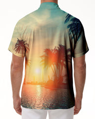 Sunset coconut tree 3d digital print pattern Hawaiian tropical style men's casual loose short-sleeved top button-down lapel short-sleeved shirt