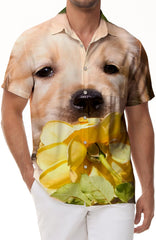 Summer Men's Casual Short Sleeve Hawaiian Shirt Beach Golden Retriever Puppy Pet Print Button Shirt Tops