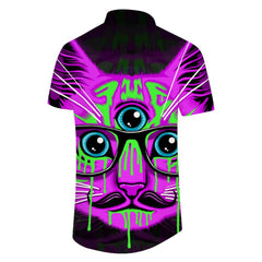 Purple three-eyed cat 3d printing Hawaiian style breathable men's casual loose shirt summer shirt men's hip-hop popular men's retro short sleeve