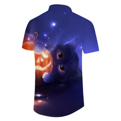 Purple Cat 3D Printed Men's Casual Button Short Sleeve Shirt Fashion Summer Vacation Beach Shirt
