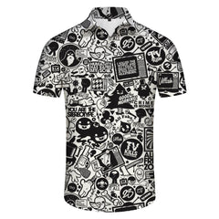 Black and white art print pattern casual loose men's fashion button-down lapel summer vacation beach shirt short sleeves