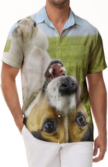 Funny puppy print men's casual loose tropical Hawaiian shirt button-down short sleeve shirt suitable for vacation beach