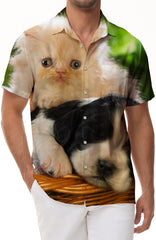 Cat and puppy pattern men's summer tropical regular fit button-down lapel Hawaiian fashion street casual loose short sleeve shirt