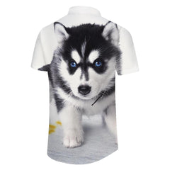 Husky Print Hawaiian Casual Button-Down Lapel Loose Beach Shirt Regular Size