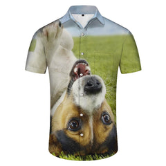 Funny puppy print men's casual loose tropical Hawaiian shirt button-down short sleeve shirt suitable for vacation beach