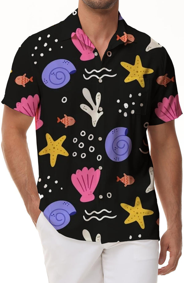 Creative Cartoon Marine Life Fashionable Print Shirt Short Sleeve Casual Beach Button Top Fashionable Hawaiian Shirt Summer Men