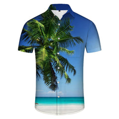 Green coconut tree beach play shirt 3D digital flower print button short sleeve shirt fashionable loose Hawaiian style men's casual tops