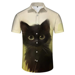 Black Cat Men's Vintage Shirt Animal Cat Print Short Sleeve Shirt Summer Regular Button Casual Beach Shirt Tops