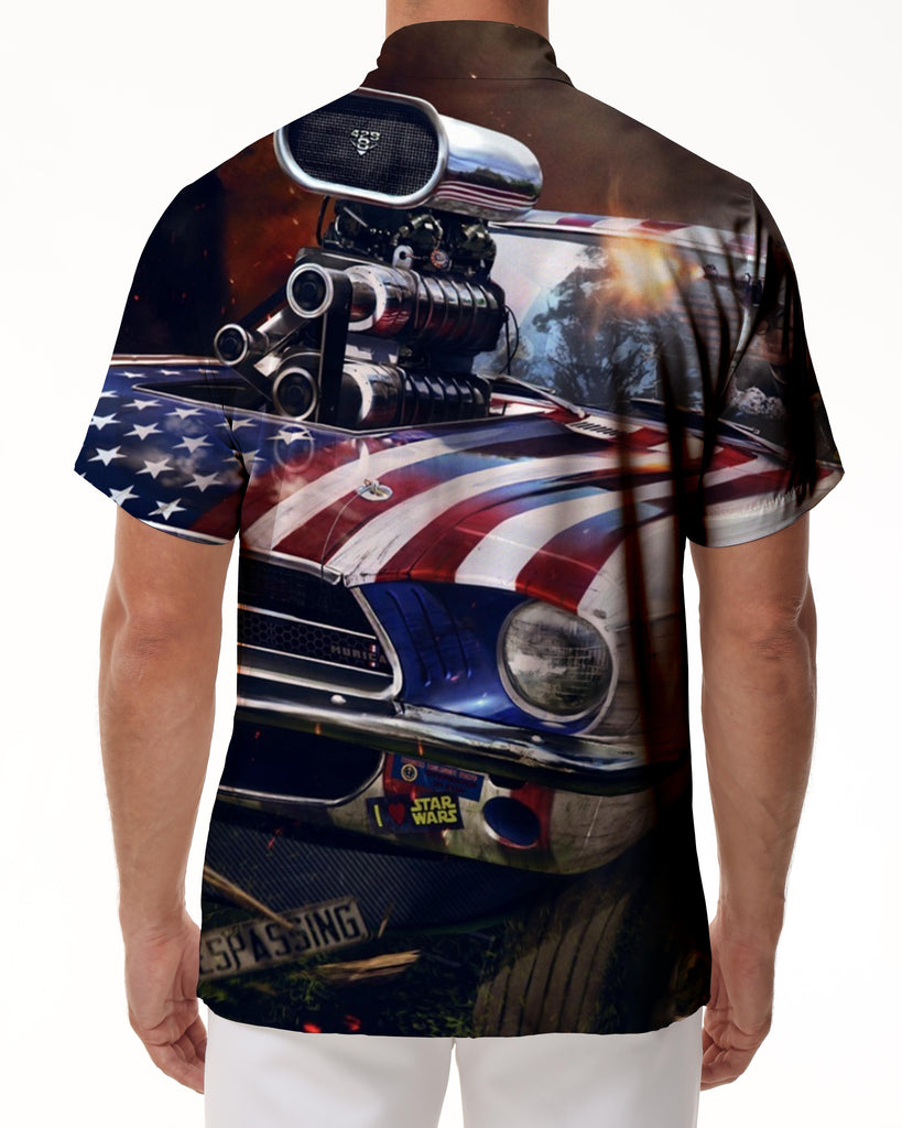 
American Flag Car Battle Men's Casual Short Sleeve Shirt Short Sleeve Hawaiian Button Digital Printing Rich Pattern
                