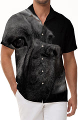 Black English Bulldog Pet Cool Retro Print Pattern Tropical Hawaiian Button Lapel Landscape Casual Loose Short Sleeve Shirt Men