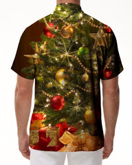Green exquisite Christmas tree and gift pattern fashionable loose casual short-sleeved shirt tropical summer vacation beach shirt short sleeve