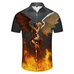 Angel Wings and Hell Devil Hip Hop Rap Shirt Casual Loose Men's Short Sleeve Shirt Seaside Short Sleeve Shirt Beach