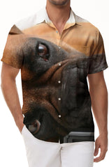 Brown cute bulldog puppy men's casual daily simple loose short-sleeved shirt button-down lapel fashionable and comfortable summer shirt