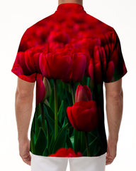 Red tulip flower print pattern tropical fashion Hawaiian men's button down lapel short sleeve button casual summer beach shirt
