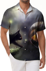 Black cat and goldfish casual men's Hawaiian shirt short sleeve button shirt top suitable for casual beach vacation travel