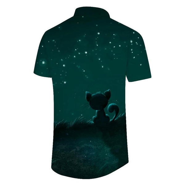 
Green starry sky animal cat men's casual loose tropical Hawaiian button-down lapel simple street style short-sleeved shirt
                