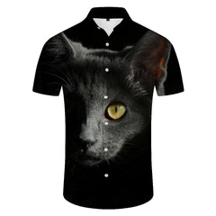 Cool black cat cool fashion short sleeve shirt button-down lapel men's casual short sleeve shirt suitable for summer beach party
