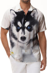 Husky Print Hawaiian Casual Button-Down Lapel Loose Beach Shirt Regular Size