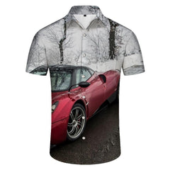 Cool red sports car print pattern fashionable men's casual loose short-sleeved shirt button-down lapel top