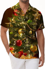 Green exquisite Christmas tree and gift pattern fashionable loose casual short-sleeved shirt tropical summer vacation beach shirt short sleeve