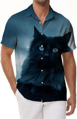 Domineering black cat Hawaiian button-down lapel 3d digital printing button-down Hawaiian shirt men's short sleeve beach party