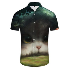 Huge cute kitten print pattern button-down lapel pockets fashionable men's casual loose button-down lapel short-sleeved shirt top