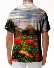 Nature floral print Hawaiian button down lapel men's casual loose vacation short sleeve shirt