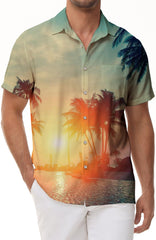 Sunset coconut tree 3d digital print pattern Hawaiian tropical style men's casual loose short-sleeved top button-down lapel short-sleeved shirt
