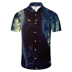 Huge black cat print men's Hawaiian shirt short sleeve button down shirt top suitable for casual vacation beach