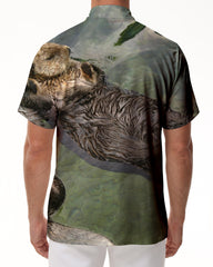Animal cute brown otter print retro style collar short sleeve shirt tropical Hawaiian fashion button down pocket lapel shirt