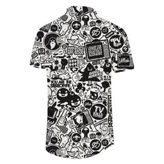 Black and white art print pattern casual loose men's fashion button-down lapel summer vacation beach shirt short sleeves