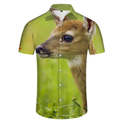 Nature Fawn Animal Print Men's Hawaiian Shirt Button-Down Casual Short Sleeve Shirt Outfit Perfect for Summer Beach Tropical Vacation
