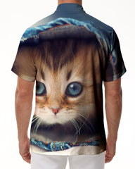 Kitten cute cat men's loose daily simple outdoor travel tropical Hawaiian shirt print summer beach casual short sleeve button tie