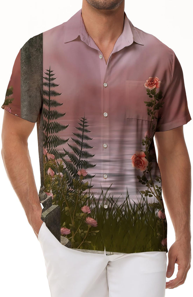 
Landscape print pattern casual men's summer loose street trend button-down lapel Hawaiian short-sleeved shirt tops
                