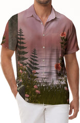Landscape print pattern casual men's summer loose street trend button-down lapel Hawaiian short-sleeved shirt tops