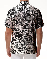 Black and white art print pattern casual loose men's fashion button-down lapel summer vacation beach shirt short sleeves