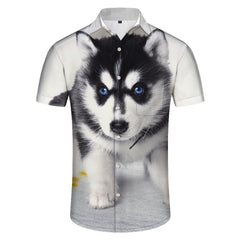 Husky Print Hawaiian Casual Button-Down Lapel Loose Beach Shirt Regular Size