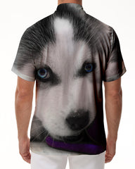 Cool and fashionable animal husky cub 3d digital printing pattern men's casual loose vacation seaside short-sleeved shirt beach party