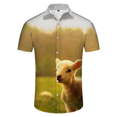 Lamb and sheep print mens shirt casual short sleeve button down beach tropical shirt fashion summer
