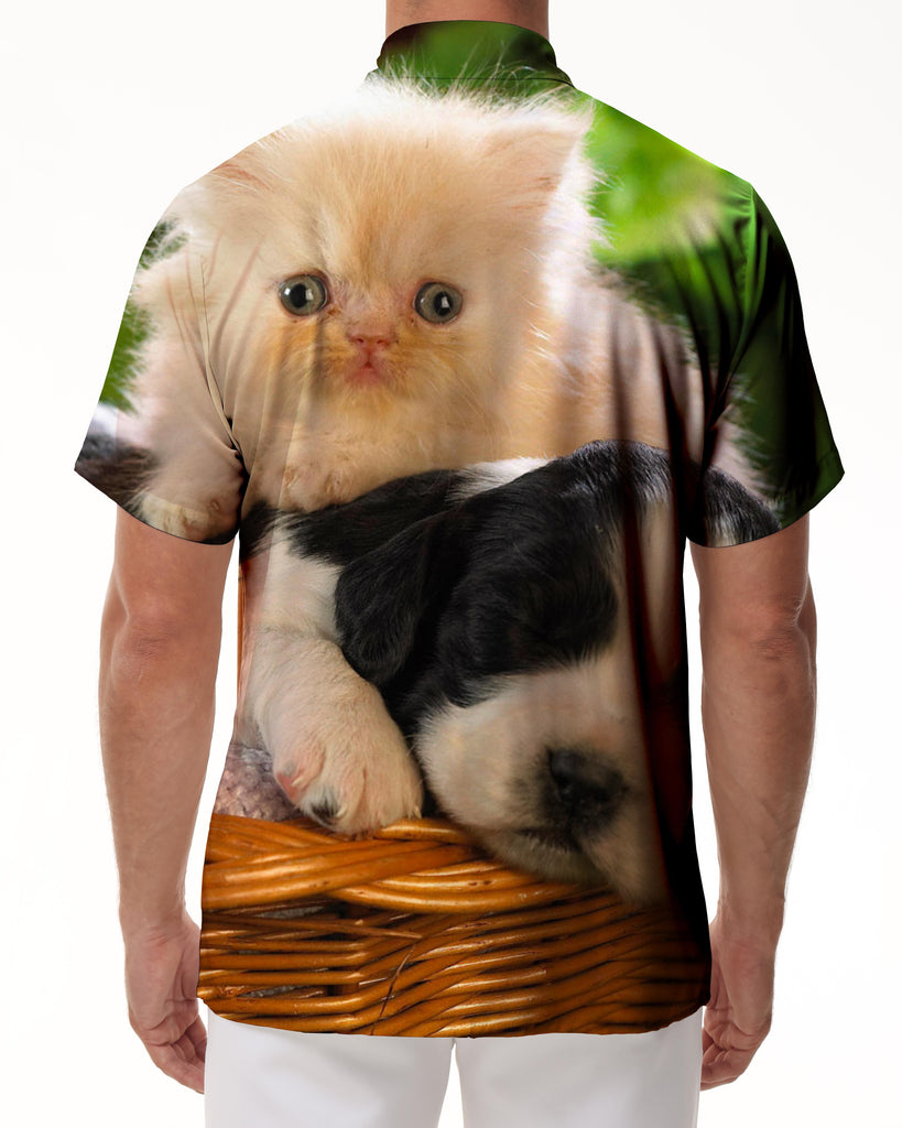 
Cat and puppy pattern men's summer tropical regular fit button-down lapel Hawaiian fashion street casual loose short sleeve shirt
                