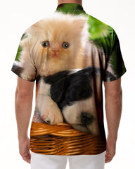 Cat and puppy pattern men's summer tropical regular fit button-down lapel Hawaiian fashion street casual loose short sleeve shirt
