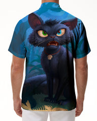 Cartoon cool fun funny big eyes cat print pattern men's casual loose button down lapel short sleeve shirt regular style