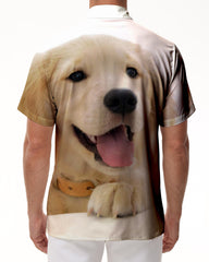 Summer Golden Retriever Puppy Animal Digital Print Pattern Men's Casual Short Sleeve Button Shirt Loose Beach Short Sleeve Shirt Tops