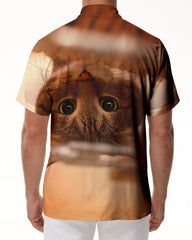 Cat Print Men's Short Sleeve Hawaiian Shirt Casual Button-Up Vacation Beach Party Shirt with Funky Animal Print